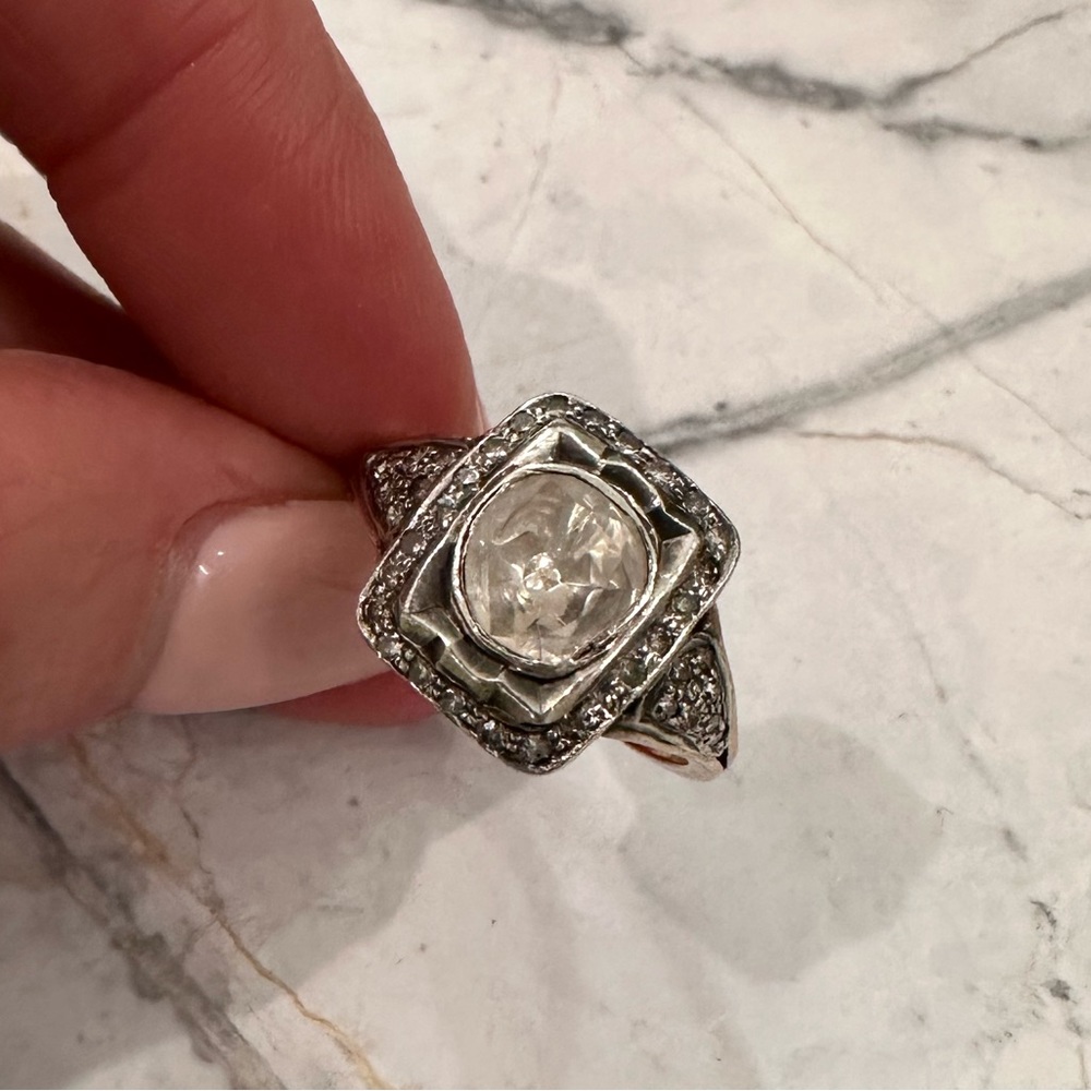 1 Carat Rose-Cut Indian Diamond Ring with Pavé Diamonds 14k Rose Gold Band
